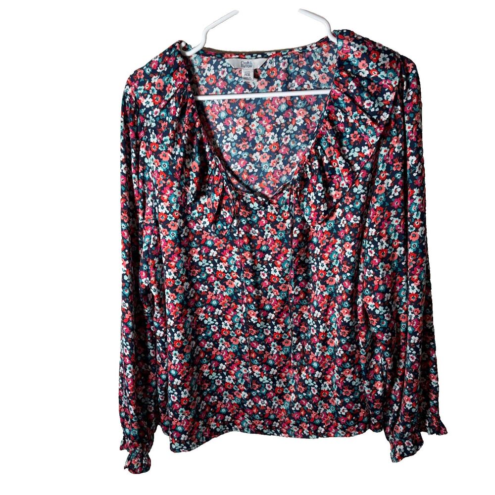 Croft & Barrow Blouse Women's Petite XXL V-Neck Ruffle Floral Long Sleeve Top